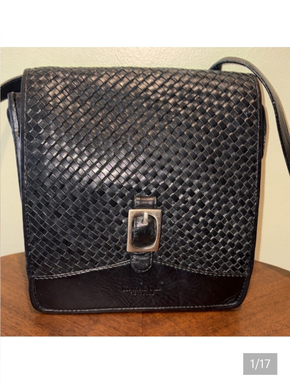 Kenneth Cole   Crossbody bag woven front leather Black /Silvertone back zip pock